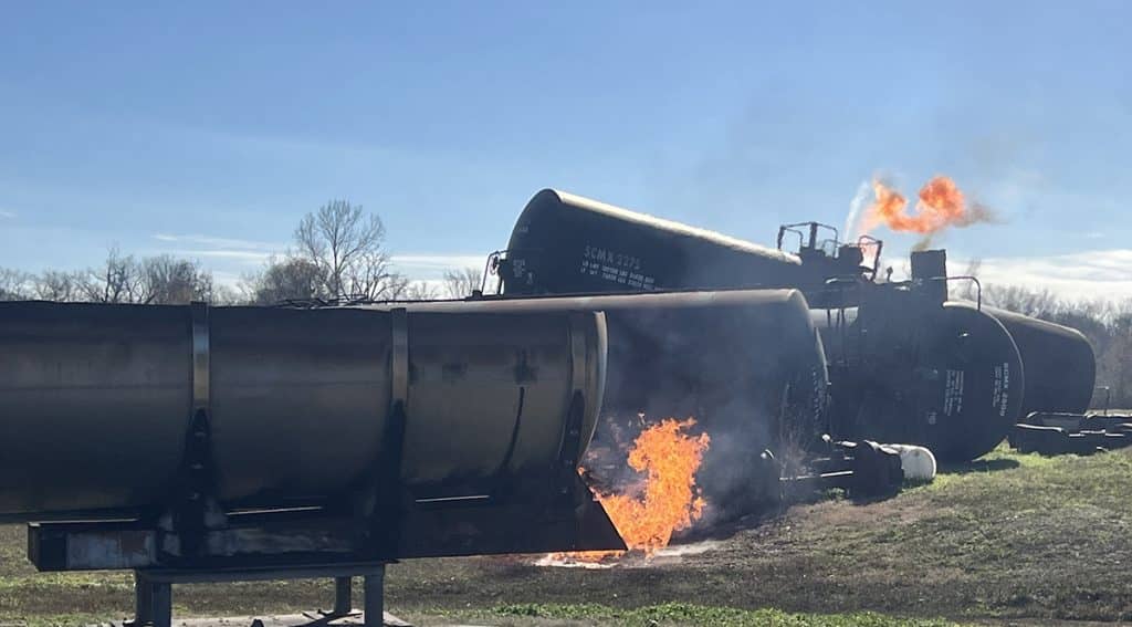 A simulated derailment is shown in January during railroad worker hazmat training in Houston.