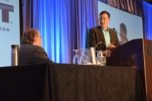 Washington state Sen. Steve Hobbs, right, thanks Washington State Legislative Director Herb Krohn after Hobbs received a Golden Lantern award at the Seattle Regional Meeting.