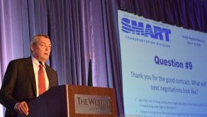Transportation Division President John Previsich addresses the closing session of the SMART TD Regional Meeting in Seattle on July 4.