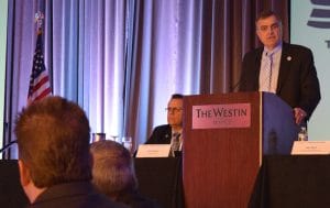 National Legislative Director John Risch addresses the opening session of the third day of the SMART TD Regional Meeting in Seattle on July 4.