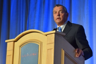 SMART Transportation Division President John Previsich responds to members' submitted questions during the closing session of the third and final day of the TD Regional Meeting at the Hilton Diplomat Resort in Hollywood, Fla., on Aug. 8.