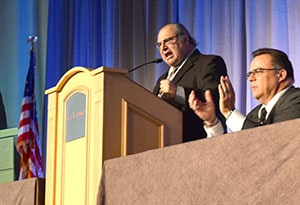 Florida state Rep. Joe Geller (D - Dist. 100) delivers his speech Aug. 6 during the Hollywood, Fla., regional meeting as TD Vice President John England and TD President John Previsich applaud at right.