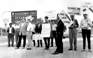 Members of the Brotherhood of Railroad Trainmen, one of the SMART Transportation Division's predecessor unions, picket for paid sick time in the mid 20th-century.