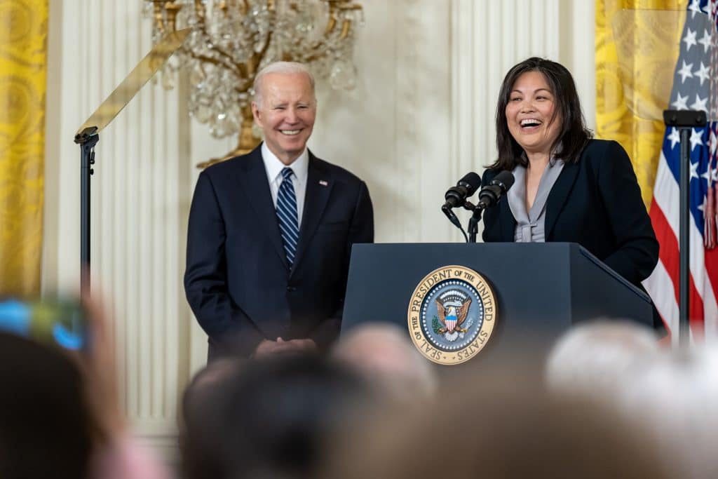 Deputy Labor Secretary Julie Su delivers remarks after her nomination to lead the Department of Labor by President Biden. 