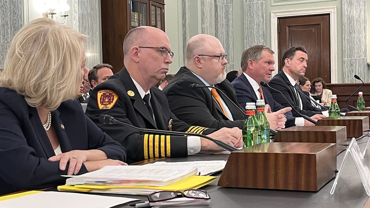 From left, National Transportation Safety Board Chair Jennifer Homendy; David Comstock, chief of the Ohio Western Reserve Joint Fire District; SMART-TD Ohio State Legislative Director Clyde Whitaker; Norfolk Southern CEO Alan Shaw and Association of American Railroads CEO Ian Jefferies appear March 22 before the U.S. Senate Commerce Committee in a hearing regarding rail safety.