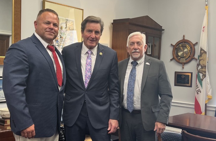 SMART Transpotration Division California Assistant State Legislative Director Scott Brent (Local 1202), U.S. Rep. John Garamendi (D-CA-8th District) and TD California State Legislative Director Louis Costa meet in Garamendi's office on May 16.