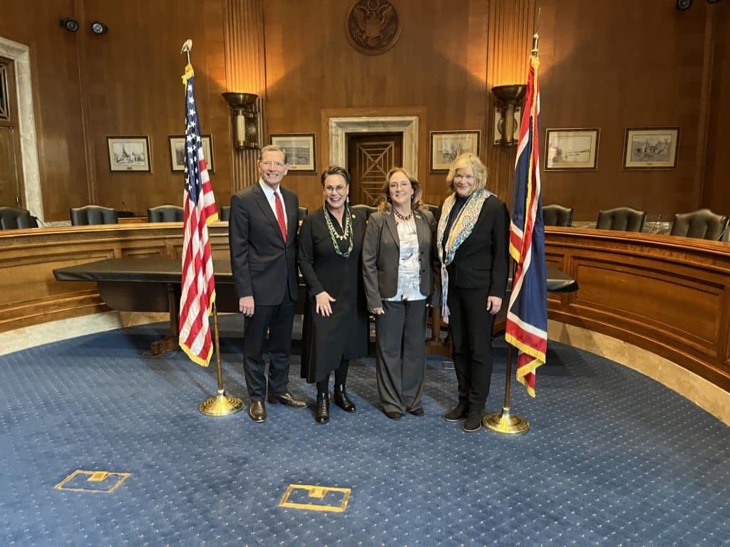 U.S. Sen. John Barrasso of Wyoming (left), U.S. Rep. Harriet Hageman, SMART-Td Wyoming State Legislative Director April Ford and U.S. Sen. Cynthia Lummis meet on Railroad Safety Day May 18, 2023.