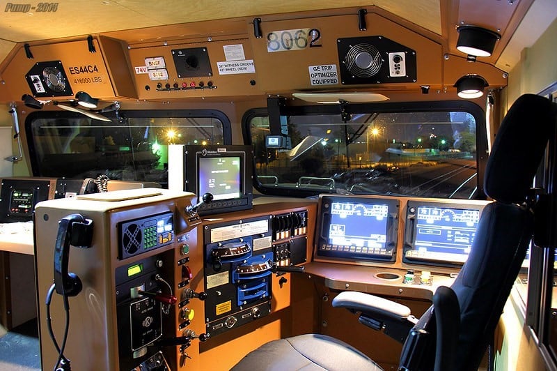 This photo shows the technological complexity of the modern locomotive's interior.