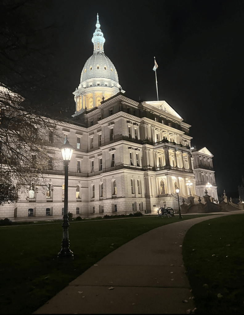 This photo by Michigan State Legislative Director Don Roach shows the Michigan Capitol on the night of Nov. 8.